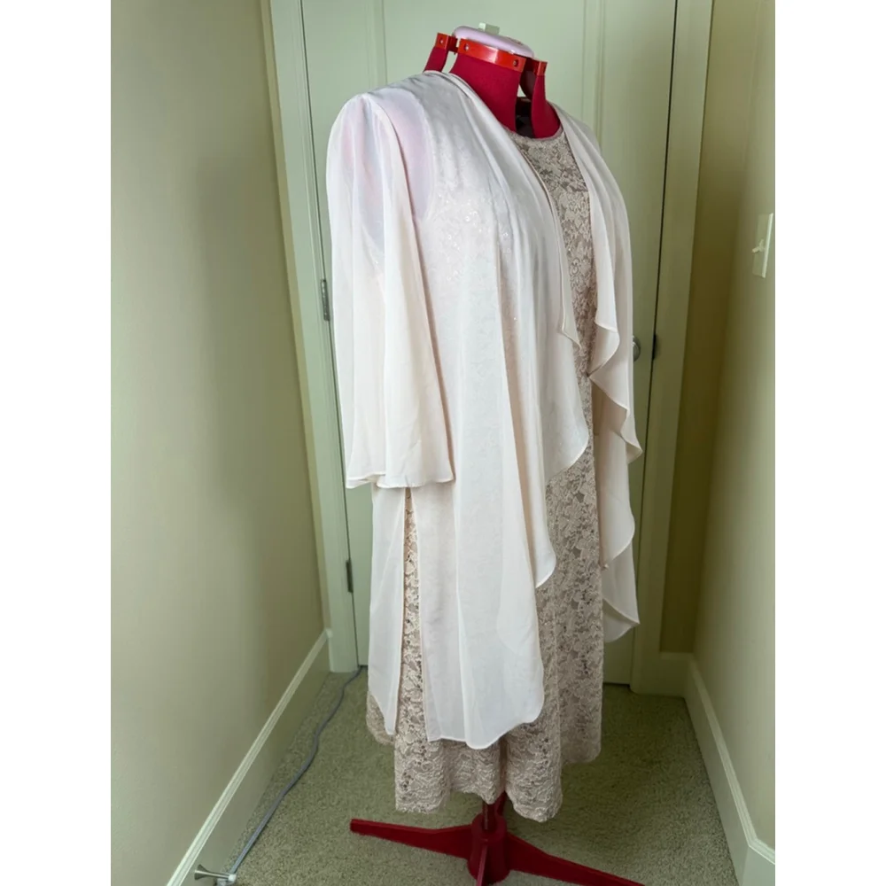 NWT Women's SLNY Plus 16 Blush Lace Sequin Midi Dress with Shrug 2PC Set
